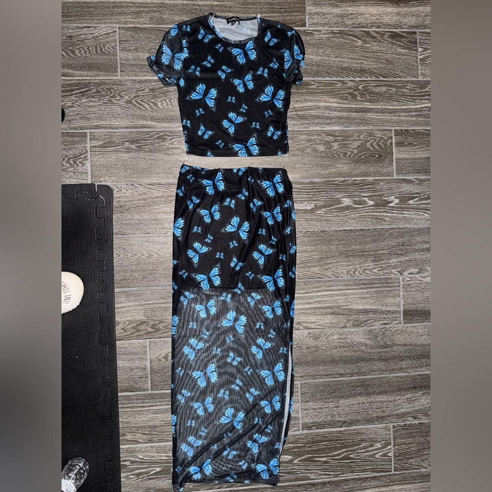 Black and Blue Butterfly Print Two-Piece Set
